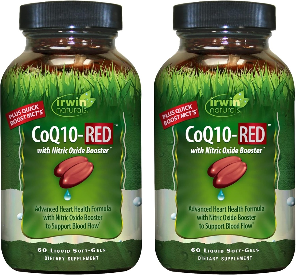 Irwin Naturals CoQ10-RED - 60 Liquid Soft-Gels, Pack of 2 - Advanced Heart Health Support with Nitric Oxide Booster to Support Blood Flow - 60 Total Servings