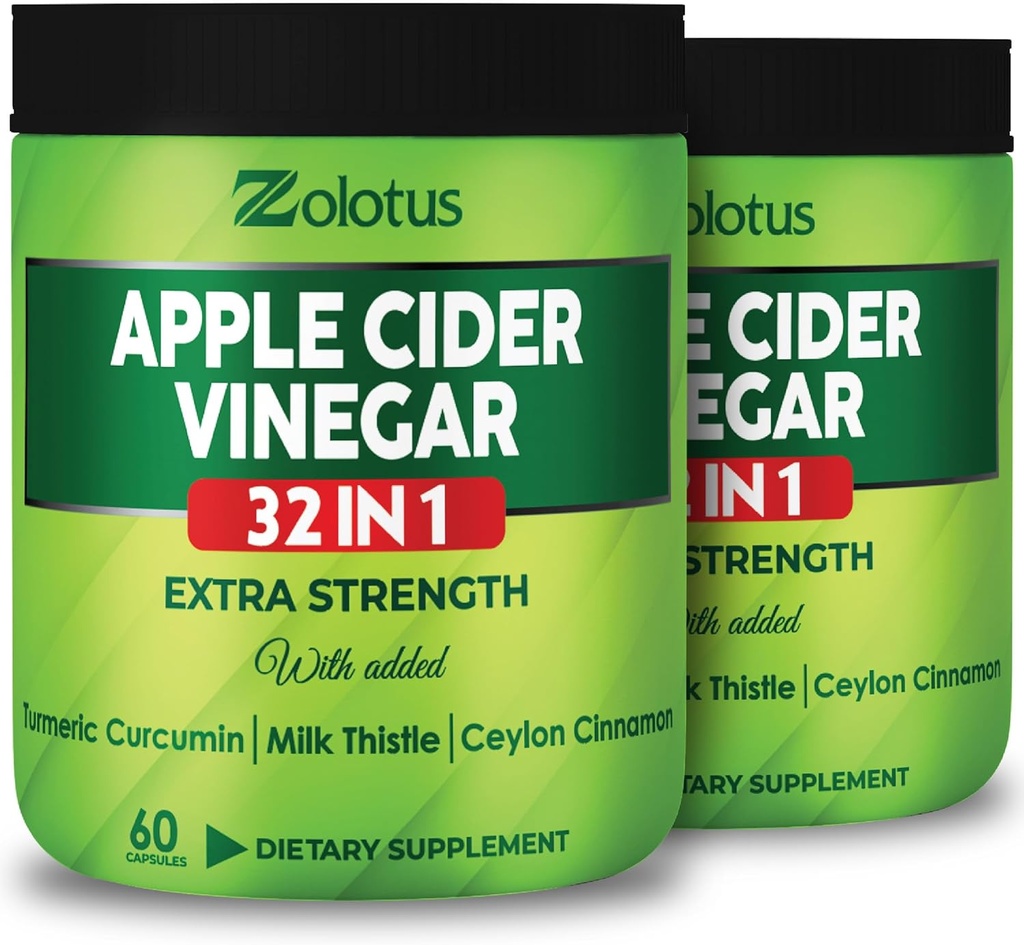 Zolotus Apple Cider Vinegar Capsules 32in1, Turmeric, Cinnamon, Milk Thistle, Berberine, Elderberry, Quercetin - (2 Packs) 60 Capsules 32in1