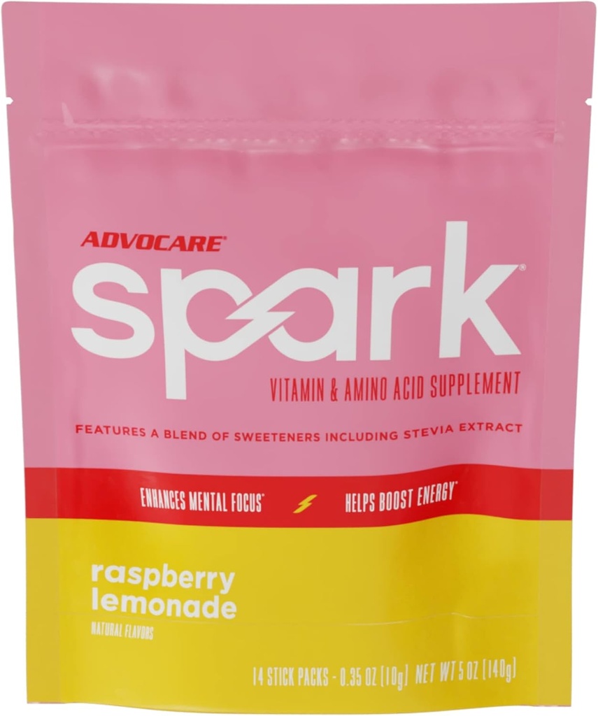 AdvoCare Spark Vitamin & Amino Acid Supplement - Χωρίς ζάχαρη Focus & Energy Drink Powder with Vitamins A, C, E & B-12 - Λεμονάδα σμέουρων, 14 Stick Packs