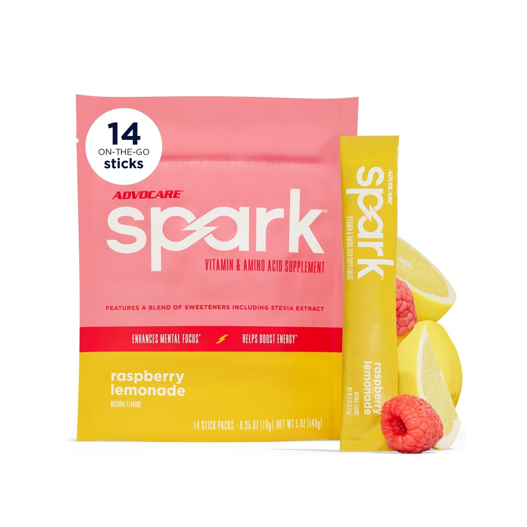 AdvoCare Spark Vitamin & Amino Asit Supplement - Sugar-Free Focus & Energy Drink Toz A, C, E & B-12 - Raspberry Lemonade, 14 Stick Packs