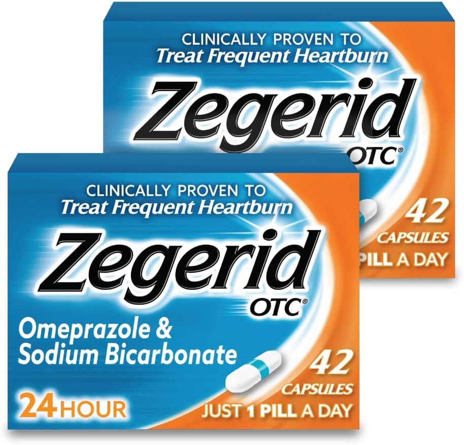 Zegerid OTC, 24 Saat Kalpburnu Yardımı, Asit Reflux Tıp ve Antacid, Frequent Heartburn, Omeprazole 20mg + Sodyum Bikarbonat, Proton Pump Inhibitor (PPI)