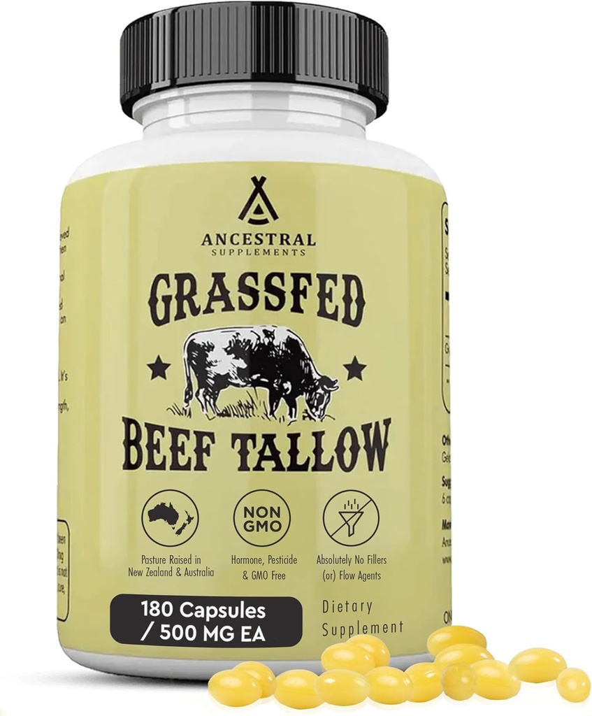 Ancestral Supplements Grass Fed Beef Tallow Capsules, 3000 mg, Nourishing Kidney Fat Supplement Supports Bones, Teeth, Gums, Skin, Immune and General Health, Non-GMO, 180 Capsules