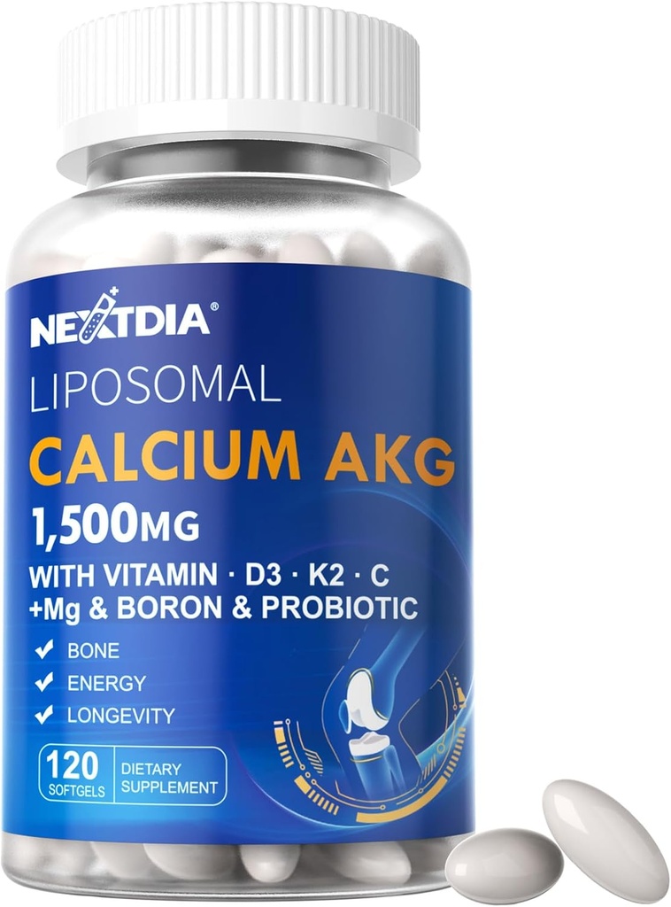 Liposomaluba AKG Supplement 1500mg with Vitamin D3 & K2 Softgels for Women & Men│ High Abhidralcium Supplements with Magnezyum Glycinate, Boron, Probiyotiks & Vitamin C for Bone - 120 Pills