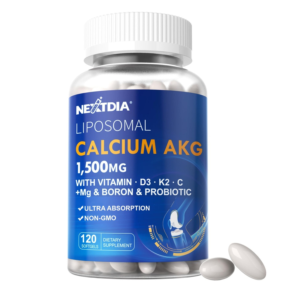Liposomaluba AKG Supplement 1500mg with Vitamin D3 & K2 Softgels for Women & Men│ High Abhidralcium Supplements with Magnezyum Glycinate, Boron, Probiyotiks & Vitamin C for Bone - 120 Pills