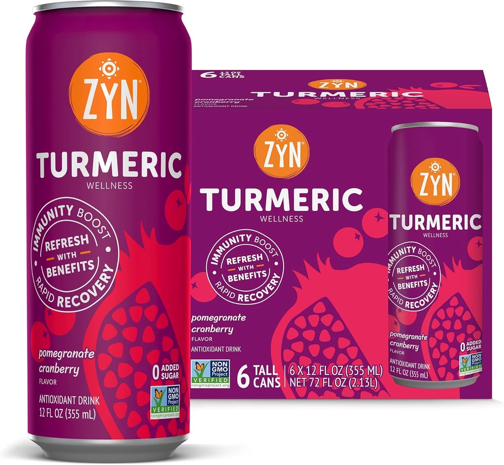 ZYN Turmeric Wellness Drink (6 Pack), Pomegranate Cranberry Flavored Turmeric Curcumin Drink with Black Pepper, No added Sugar, Low Carb & Low Calorie Drink, Clean Alternative