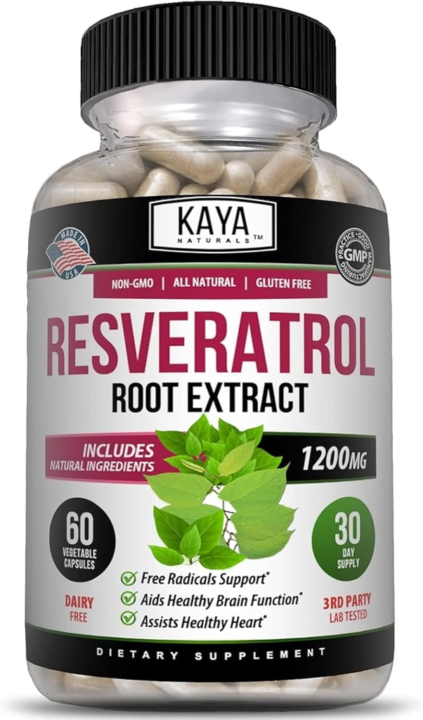 Kaya Naturals - Resveratrol Capsules - Anti Aging Supplement - Antioksis with Brain Support - maksimum Faydaları - 60 Veggies Capsules Capsules