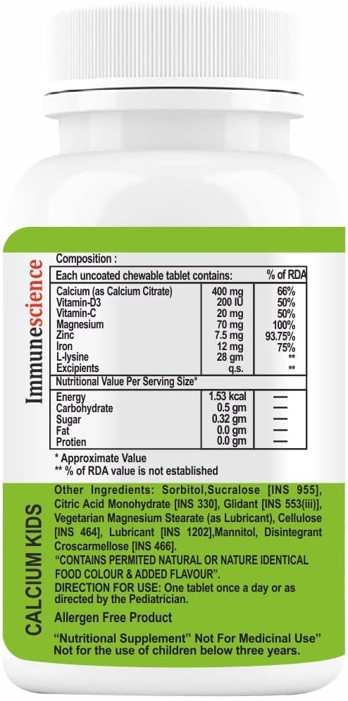 D3 (VIT d), Magnezyum, çinko Tamam, C vitamini, L-lysine Multivitamin for Kids Güçlü Bones, Immunity, growth & Development- 120 Tablet (Görünge)