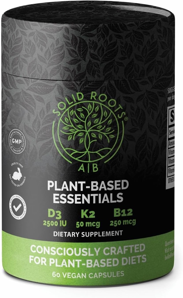 SOLID ROOTS Vegan D3 + K2 +B12 Kemikler, Kalp, Cilt, Diş Bitkileri Temel Çokvitamin Temelleri