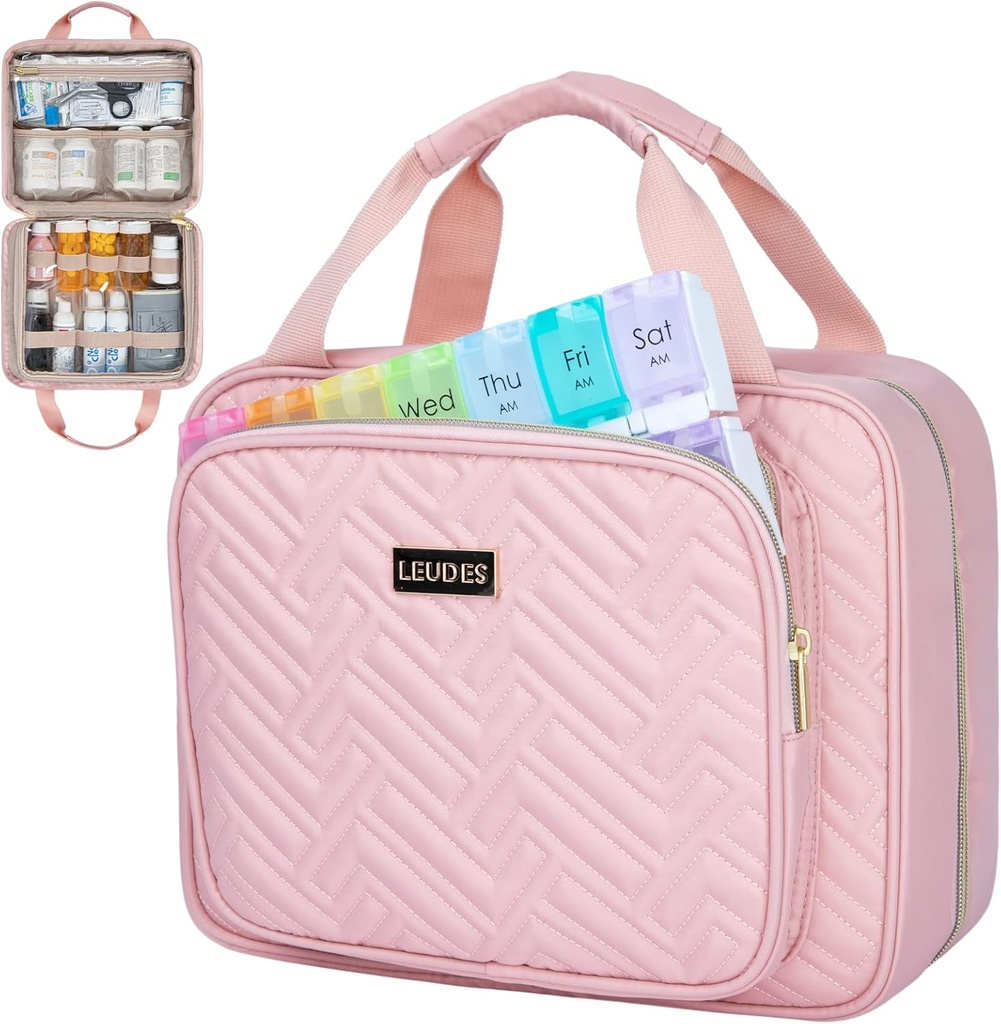 Leudes Travel Pill Şişe Organizer,Medicine Organizer ve Storage,Home Drug Bag, Cases,Carrier for Pills,Vitamin,Fish Oil,Supplements for Women and Men (Large, Pink)