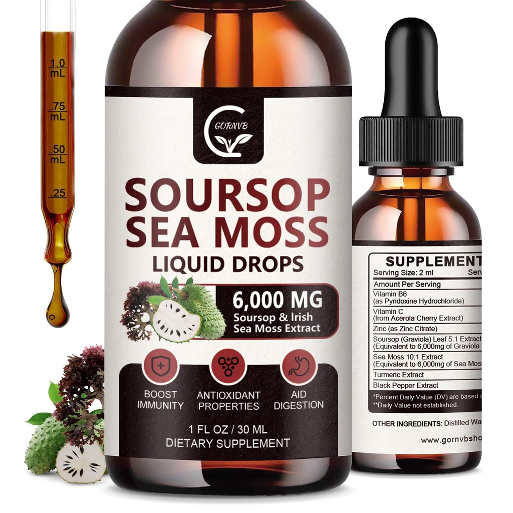(2 Pack) Soursop Graviola Liquid Drop, Soursop Bitters Deniz Moss & Turmeric ile Çokvitaminli Sıvı, Hücre Desteği ve Rejenerasyonu için %98 Aborsop Graviola Liquid Drop, 1 Fl Oz