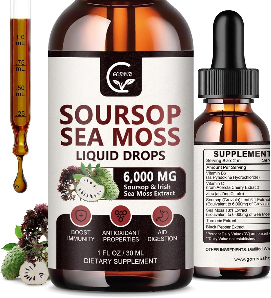 (2 Pack) Soursop Graviola Liquid Drop, Soursop Bitters Multivitamin Liquid with Sea Moss & Turmeric, 98% Απορρόφηση για την υποστήριξη & αναγέννηση κυττάρων, ανοσοκαταστολή και συκώτι, 1 Fl Oz