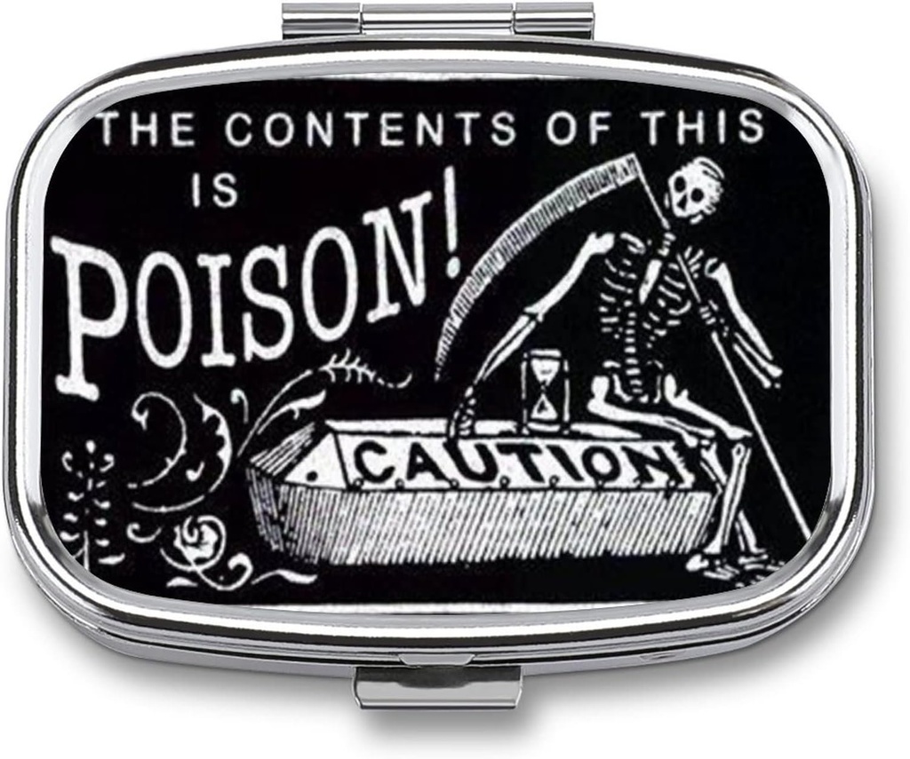 Metal 2tment Pill Organizer Travel Friendly Portable Compact Box Cute Case to Hold Vitamins/Tylenol/Fish Oil/Supplements/Meds/Tablet (Poison Caution), 1.97 x 0.79 x 0.39 inç