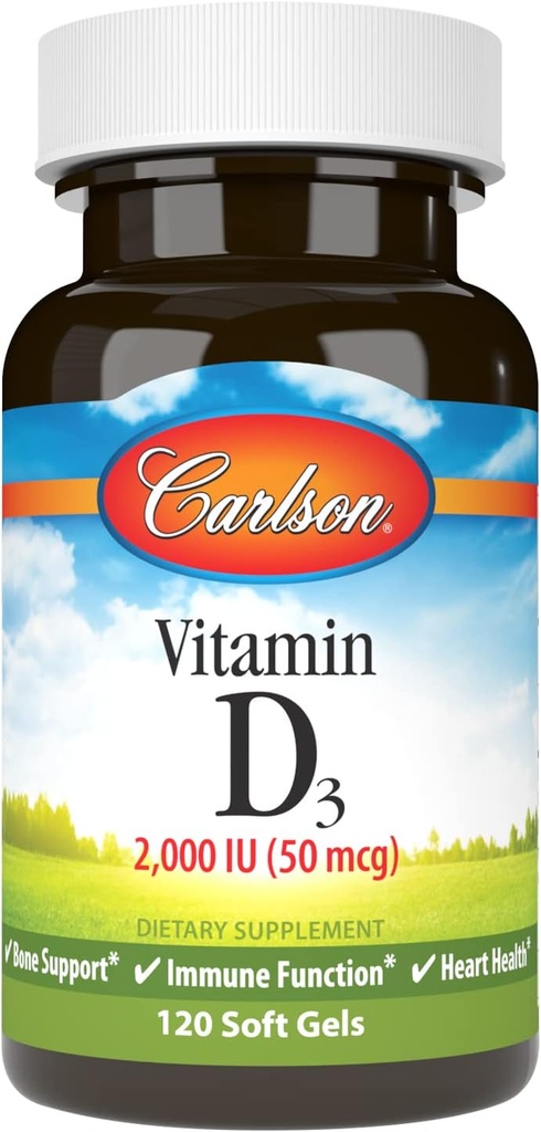Carlson - Βιταμίνη D3, 2000 IU (50 mcg), Ανοσολογική Υποστήριξη, Υγεία των οστών, Μυική Υγεία, Χοληκαλσιφερόλη, Συμπληρώματα βιταμίνης D, Βιταμίνη D3 Soft Gels, 120 Softgels