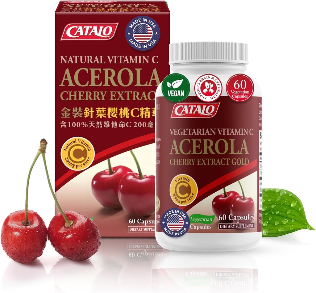 CATALO Acerola Cherry Extract Capsules – Vitamin C, Acerola Cherries, Plant-Based, No S Sentetik Vitamin C, Yapay Renkler veya Preservatifler – 60 Vegetarian Capsules – 60 Vegetarian Capsules