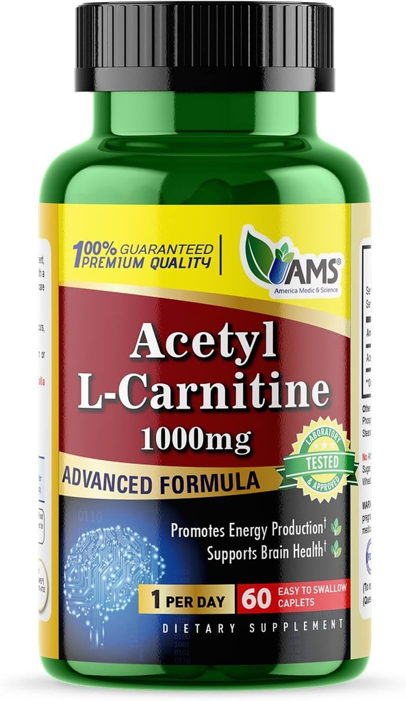 America Medic & Science Acetyl L-Carnitine 1000mg (60 Tablets) | Dietary Supplement for Men and Women | Promotes Energy Production | Supports Brain Health | Helps Improve Memory and Focus