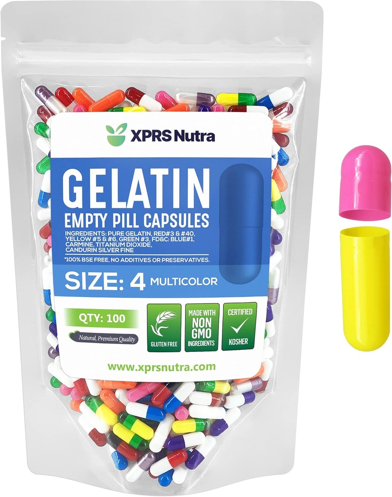 XPRS Nutra Μέγεθος 4 Κενές κάψουλες - 100 κόμης μικρές κενές κάψουλες Ζελατίνης - Χάπια DIY Καψάκιο πλήρωσης - πληρώσιμα καθαρά καπάκια τζελ για το Do-It-Yourself Συμπληρώματα (Multi Color)