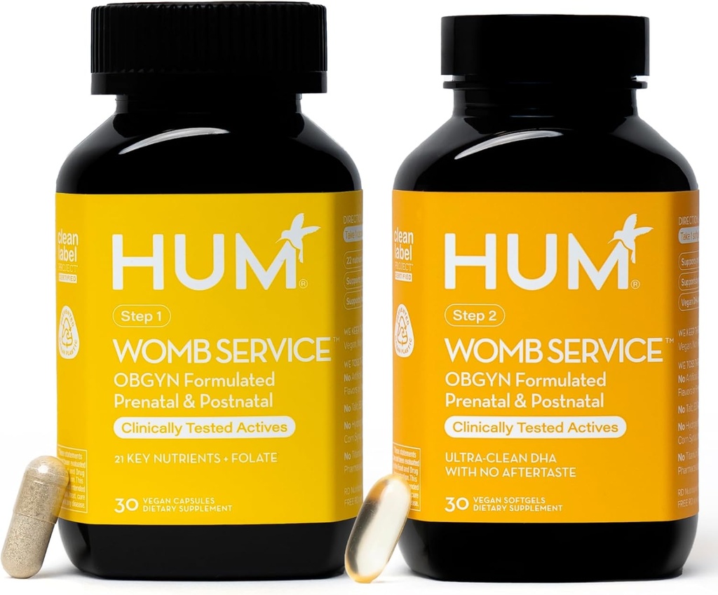 HUM Womb Service Postnatal & Prenatal Supplements for Women, OBGYN Vegan DHA, Choline & Folate, Clean Daily Nutrients, Pre-to-Post Gebelik Desteği, 30 Vegan Capsules & 30 Softgels