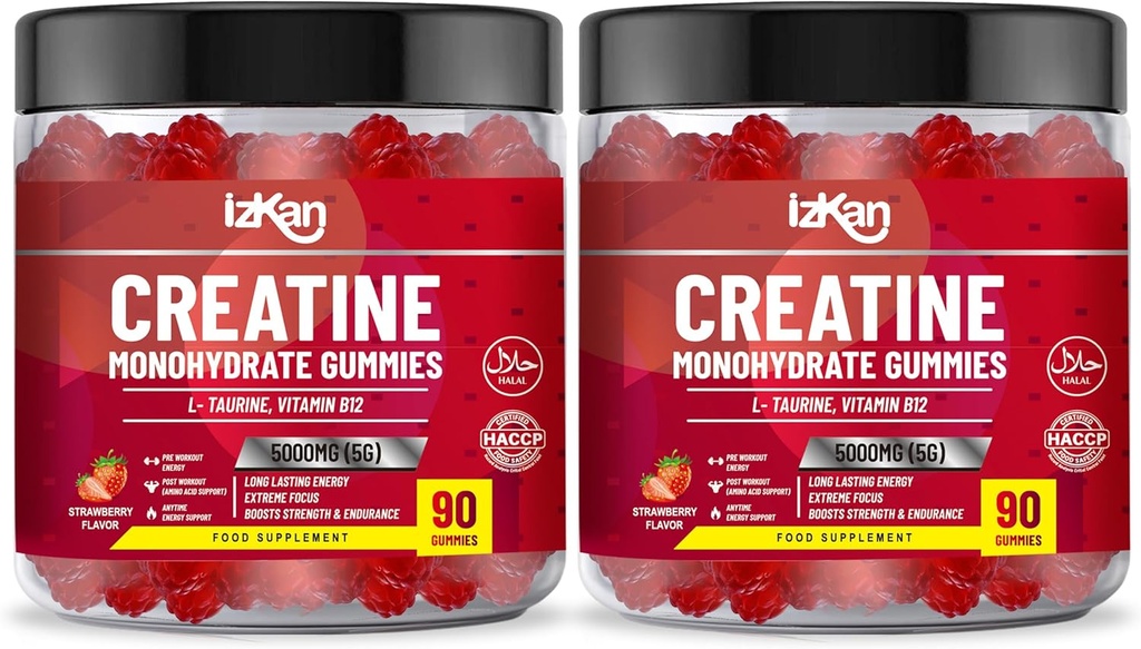 Erkekler ve Kadınlar için 5000 mg'lık Cyhidrat Gummy - 180 Chew Kretine ADVANCE COMPLEX Taurin & B12 Gummies Strawberry Flavoured | Pre Workout Gym Supplement| Halal | Vegan | (2 Ay Supply)
