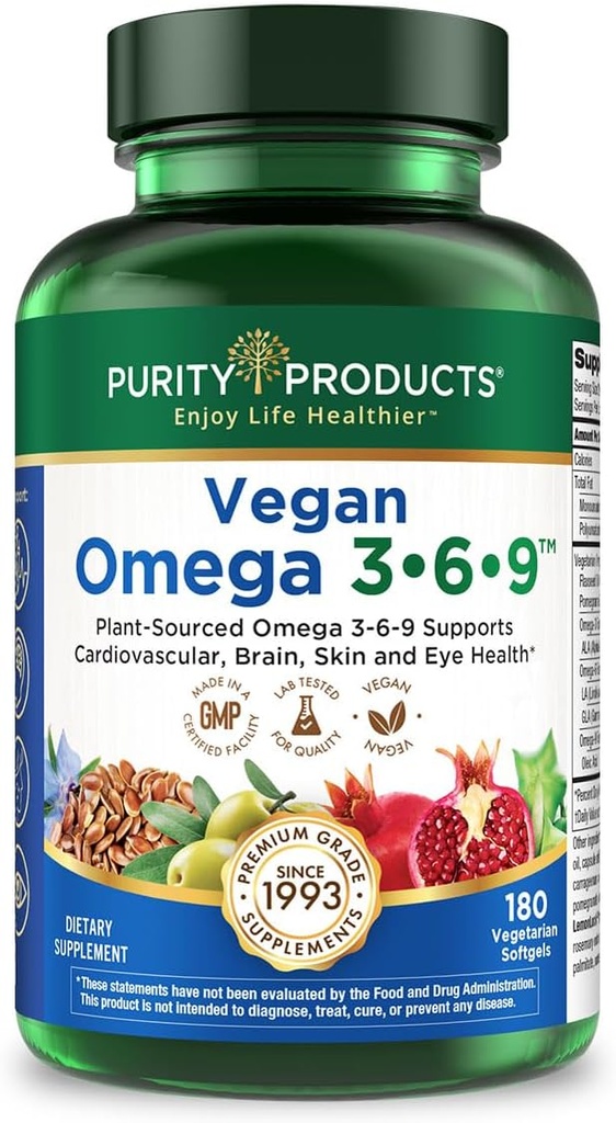 Saf Ürünler Vegan Omega 3-6-9 Formula - "5 in 1" Essential Fatty Asit Kompleksi - Bilimsel Olarak Formüle Edilen Bitki Tabanlı Omega 3 6 9 Temel Fatty Asitleri (EFA) - 3 Ay Supply - 180 Softgels