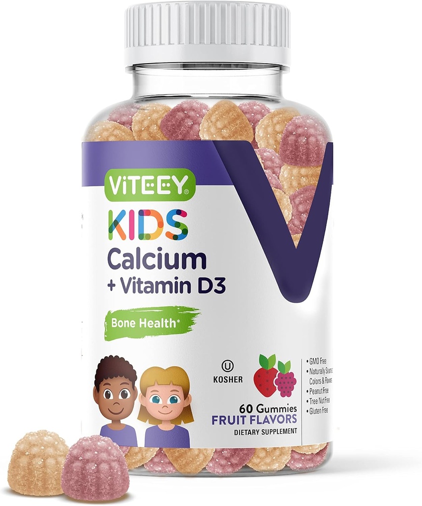 Παιδιά Ασβέστιο Gummies με βιταμίνη D3 - Υποστηρίζει την υγεία των οστών & την υγεία των δοντιών - Φυσικά πηγασμένα Ασβέστιο 500mg Plus Βιταμίνη D3 1000iu - Χωρίς γλουτένη, GMO Δωρεάν - Νόστιμο Μασώμενο Φρούτο Γεύση Gummy