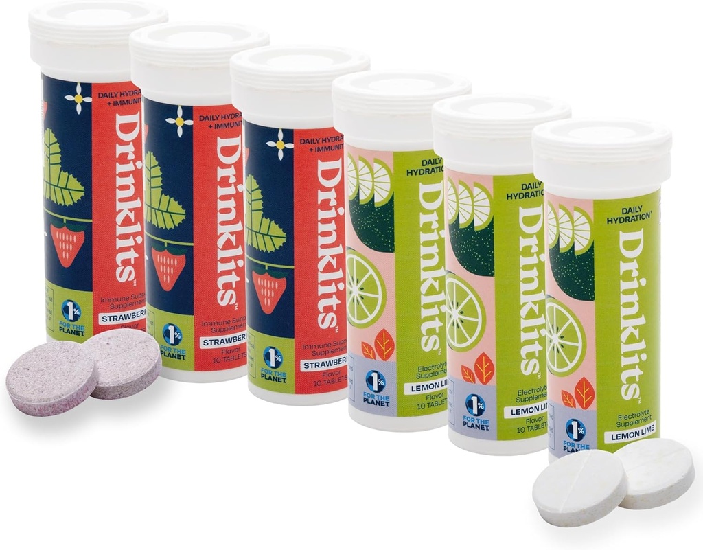 İçecekler Limon Lime Electrolyte Hydration & Strawberry Immunity Tabletleri (6) Tube Combo Pack | Great Taste – Gluten Free – Daily Use | 60 Services (10 Tabletler Per Tube)