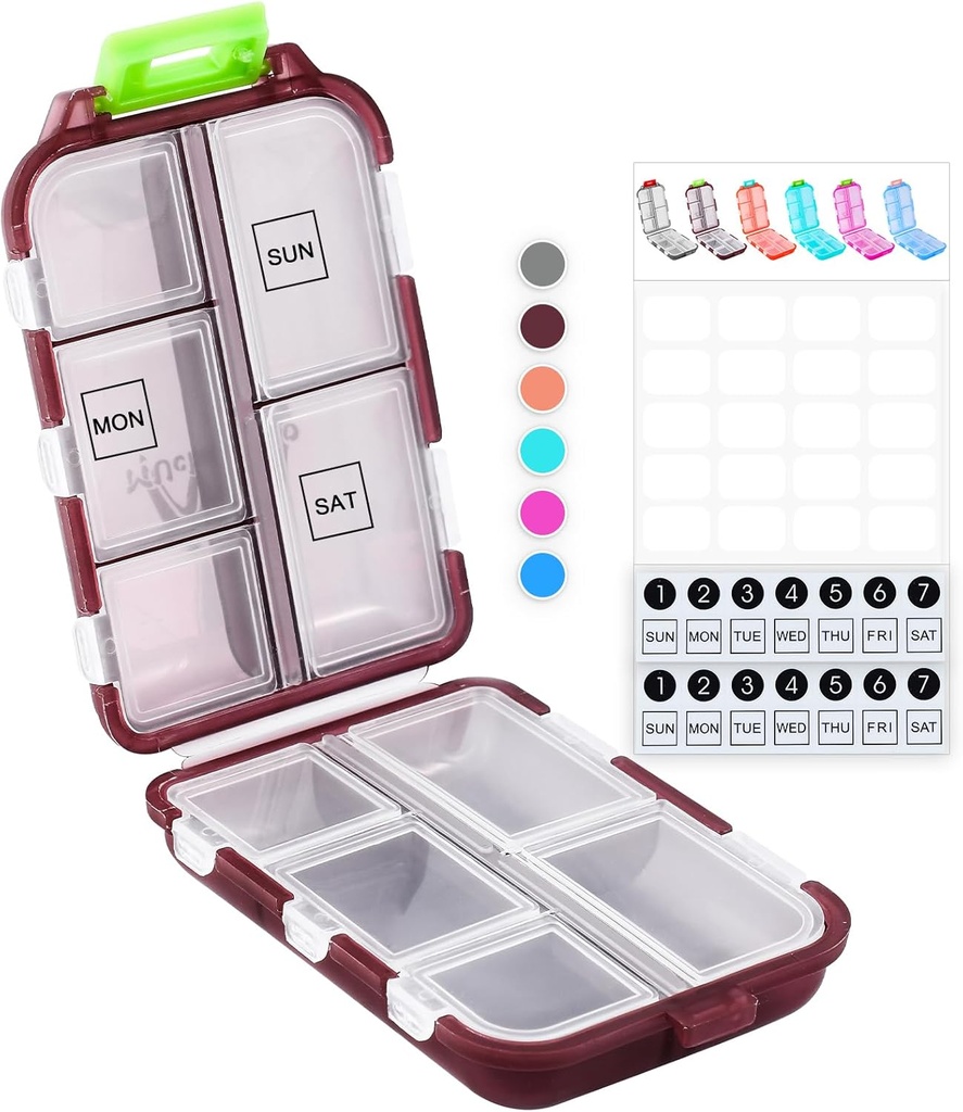 M MUchengbao Travel Hill Organizer Pocket Pharmacy, με 3 τύπους ετικετών 10 διαμερίσματα Μικρό κουτί πτυσσόμενα χάπια BPA-Δωρεάν καθημερινή ταξιδιωτική θήκη Pill Organizer για το κατάστημα (κόκκινο)