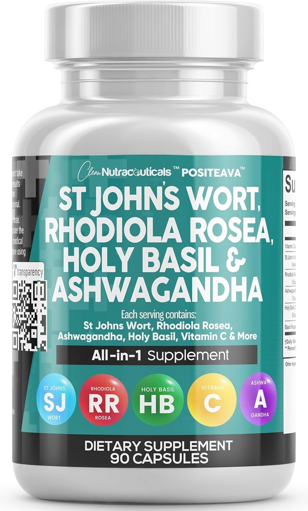 Temiz Nutraceuticals St Johns Wort Rhodiola Rosea Holy Basil Ashwagandha - C & Black Pepper Türleri ile Kadınlar ve Erkekler için Destek - 90 Caps