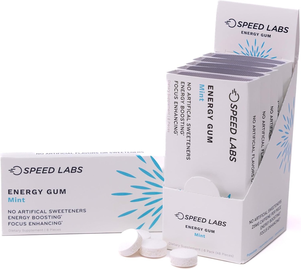 Hız Laboratuvarları Mint Natural Caffeine Energy Gum 25mg Caffeine, Taurine, B Vitaminleri Per Piece, 48 Adet (6 Packs of 8) Sugar Free, Zero Calories, Doğal olarak Tatlılandı, Gluten Free