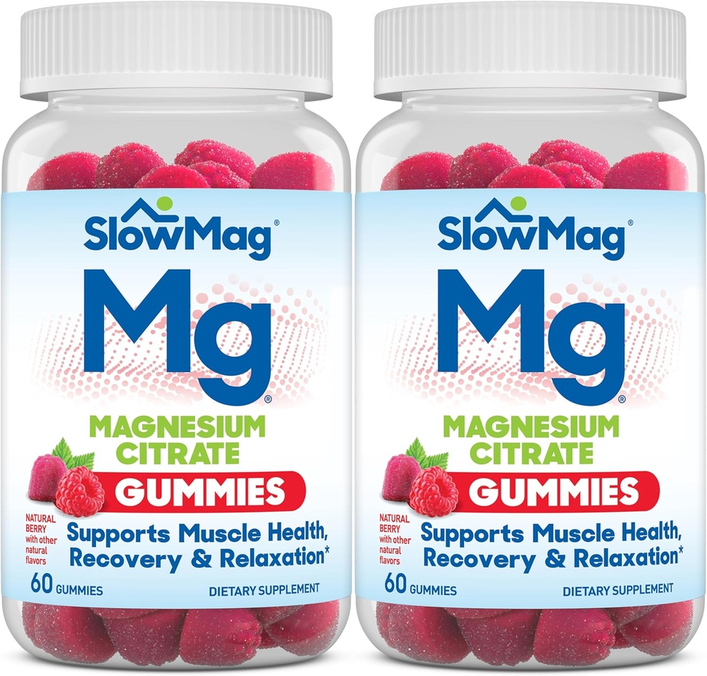 SlowMag Magnezyum Citrate Gummies, 60 Count, Supports Muscle Health, Natural Berry Flavor, Recovery & Relaxation Pack of 2