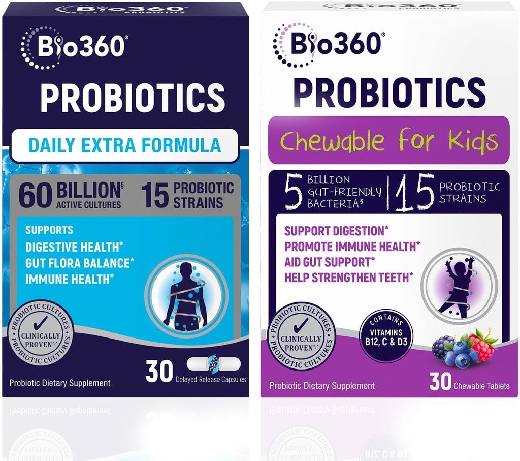 Yetişkinler ve Çocuklar için Probiyotik Sche - 60B CFU Ekstra Güçlü Kapsüller + 5B CFU Chewable Tabletler - Digestive için 15 Strains, & Brain Health – Supports Gut, Constipation, Bloating, & Gas Relief