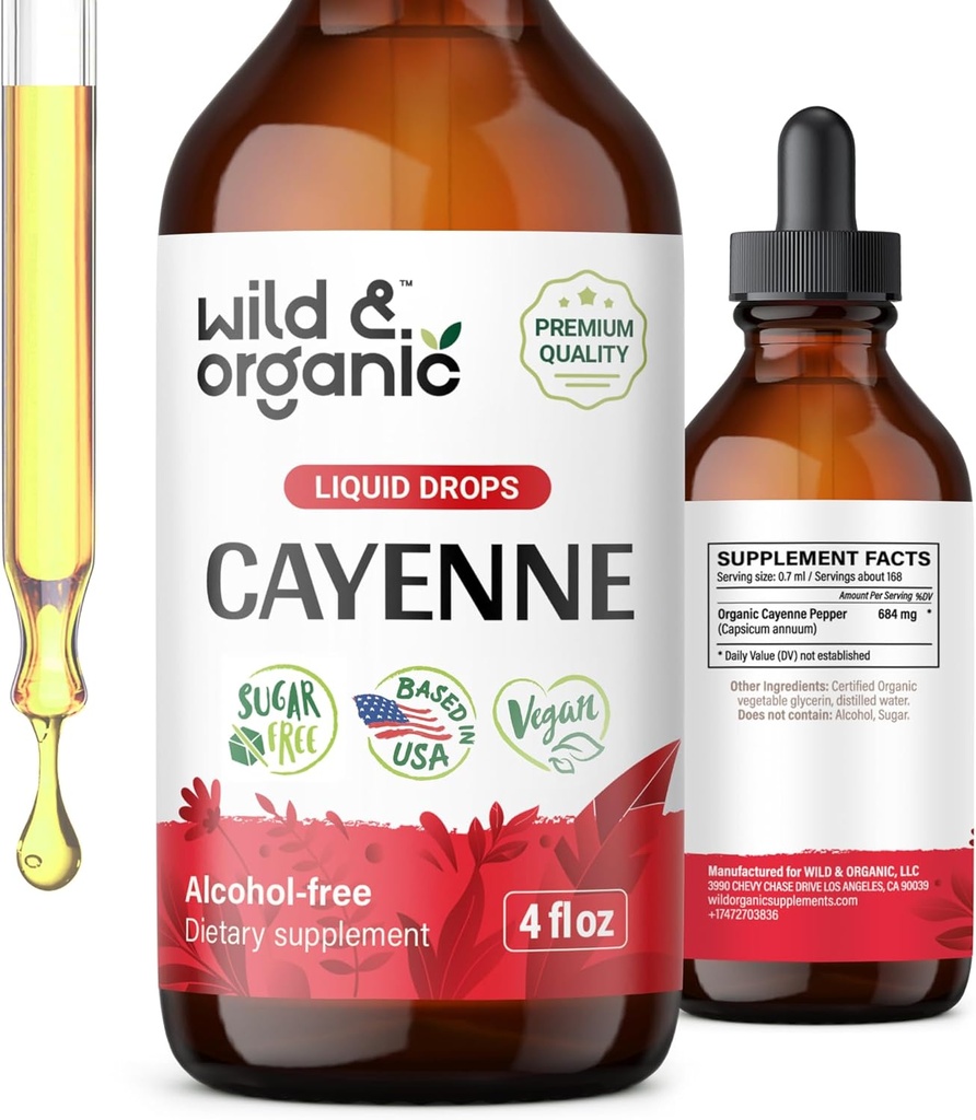 Vahşi & Organik Cayenne Pepper Tincture - Capsaicin Extract ile Kalıcı Destek - Cayenne Pepper Sıvısı Genel olarak İyi Olmalı - Vegan, Şeker & Alkol Özgür - 4 fl ozzz