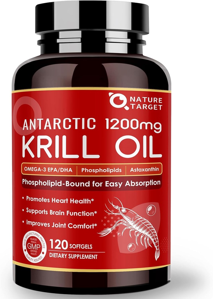 NATI TARGET Krill Oil 1200 mg with Omega-3 EPA & DHA with Astaxanthin, Phospholipids & Choline - Supports Heart, Brain, Join Health, Non-GMO, Gluten Free, 120 Softgels (60 Hizmet)