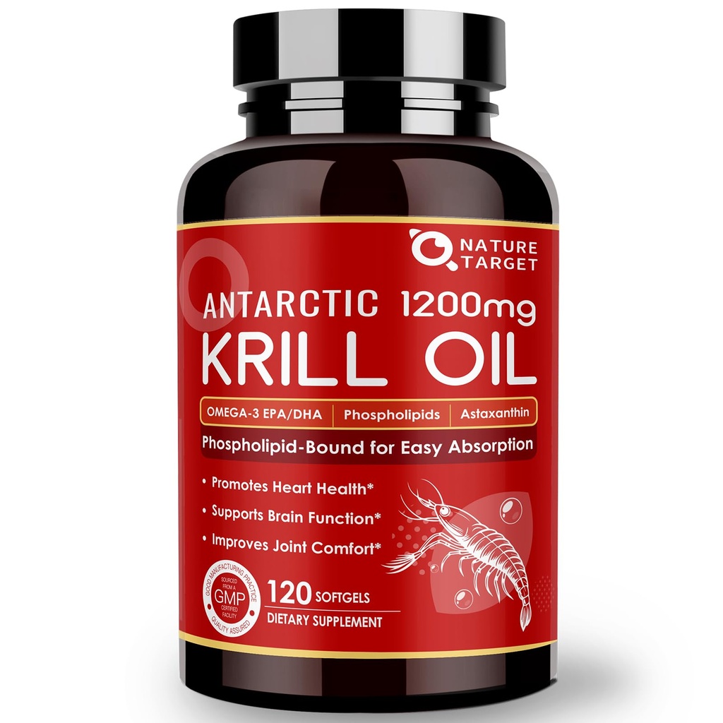 NATI TARGET Krill Oil 1200 mg with Omega-3 EPA & DHA with Astaxanthin, Phospholipids & Choline - Supports Heart, Brain, Join Health, Non-GMO, Gluten Free, 120 Softgels (60 Hizmet)