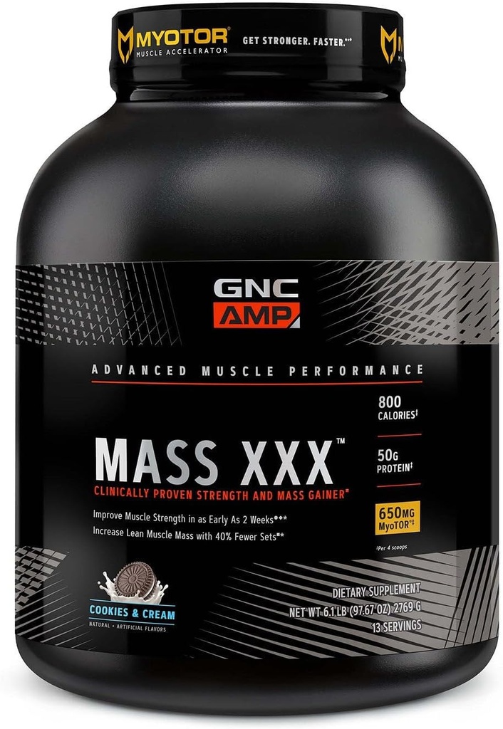 GNC AMP Mass XXX, Klinik olarak Proven Kilo Kazanıcı Protein Tozu, Güçlü, Boyut, 780 Calories, 50g Protein, Mikronized Amino Asits, Kretine, Betaine, Cookies & Cream, 13 Hizmet, 6 SVG