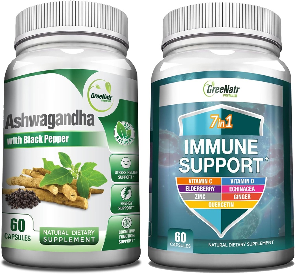 GreeNatr 7-in-1 Immune Support Supplement with Vitamin C, Vitamin D3, Zinc 50mg, Quercetin, Combined with Organic Ashwagandha Capsules Featuring Black Pepper for Enhanced Absorption