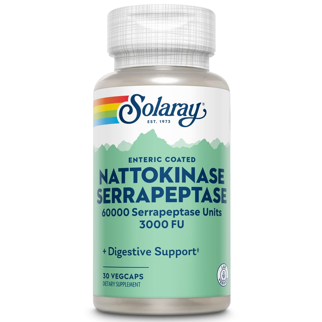 SOLARAY Nattokinase Serrapeptase Supplement - Enteric Coated - 3000 FU Nattokinase Supplement - Κυκλοφορία, Καρδιαγγειακό, Sinus Support - Εργαστήριο Επαληθευμένο, 60-Ημέρες Εγγύηση - 30 Μερίδες, 30 VegCaps