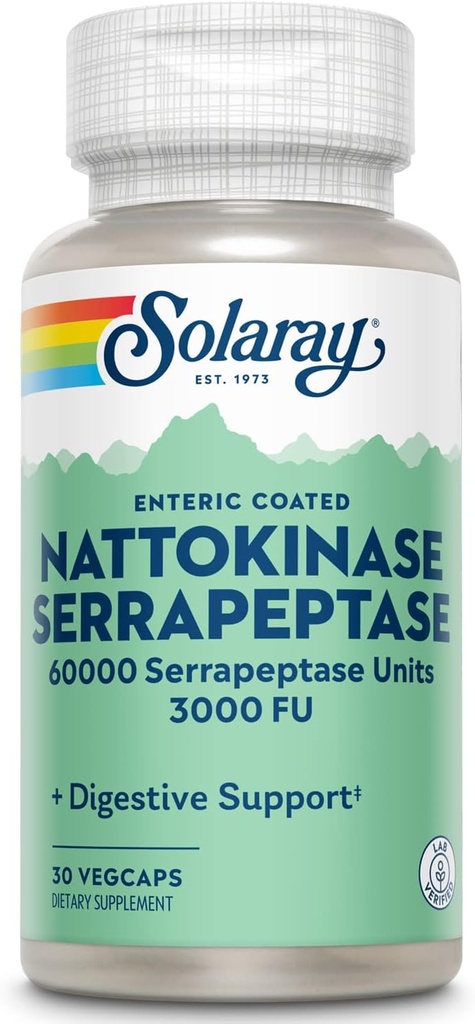 SOLARAY Nattokinase Serrapeptase Supplement - Enteric Coated - 3000 FU Nattokinase Supplement - Κυκλοφορία, Καρδιαγγειακό, Sinus Support - Εργαστήριο Επαληθευμένο, 60-Ημέρες Εγγύηση - 30 Μερίδες, 30 VegCaps