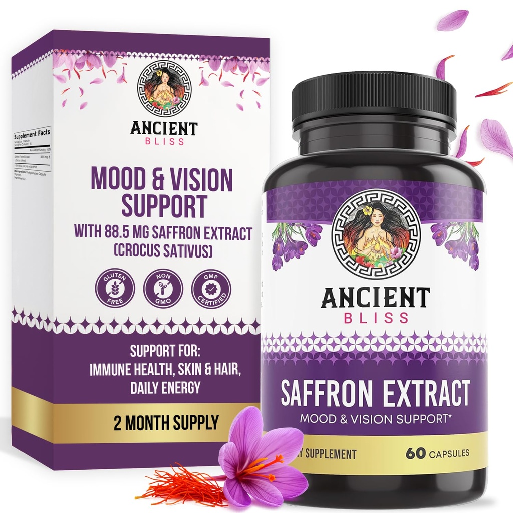 Αρχαία Bliss Saffron Extract Κάψουλες Mood & Eye Support Supplement, Saffron Extract Appetite Καταπιεστική Διαχείριση Βάρος για γυναίκες & άνδρες (60 κάψουλες)