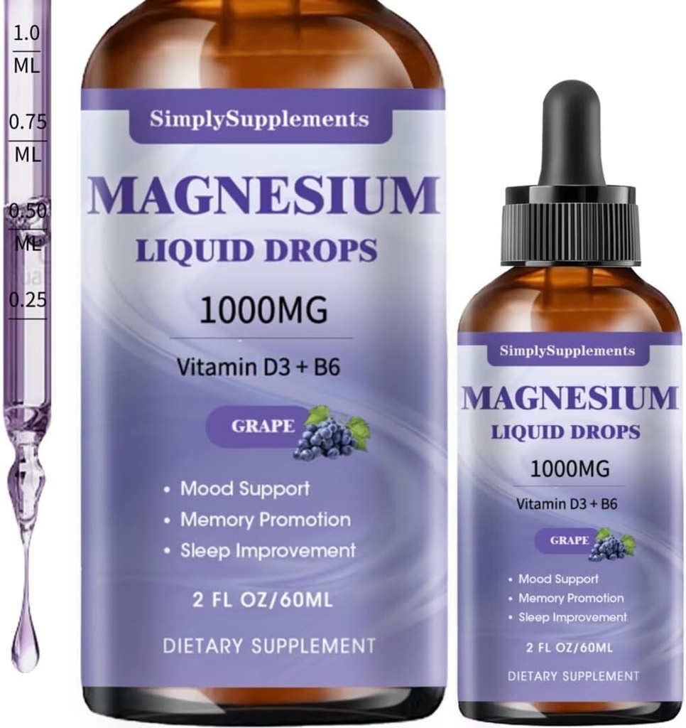 Triple Complex Liquid Drops, 1000 mg Glycinate Drops, Taurate & Citrate with L-theanine, Vitamin D3 & B6 for Sleep and Muscle Support, Calm, Magnezyum Grape Flavor, 2 Fl OZ