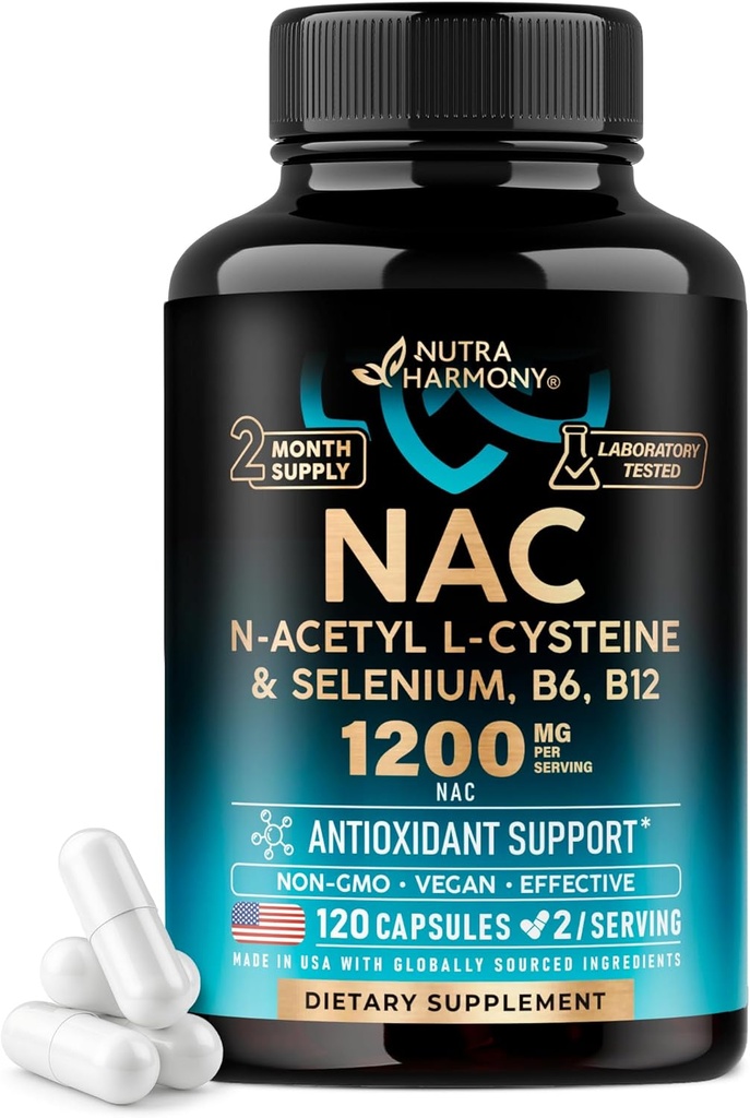 NAC Supplement | Selenium | B6 | B12 - Antioksi, Immune Support - N Acetyl Cysteine 600 mg per Capsule, 1200 mg in the USA - Non-GMO, Gluten-Free, Vegan - 120 kapak, 2 ay Supply