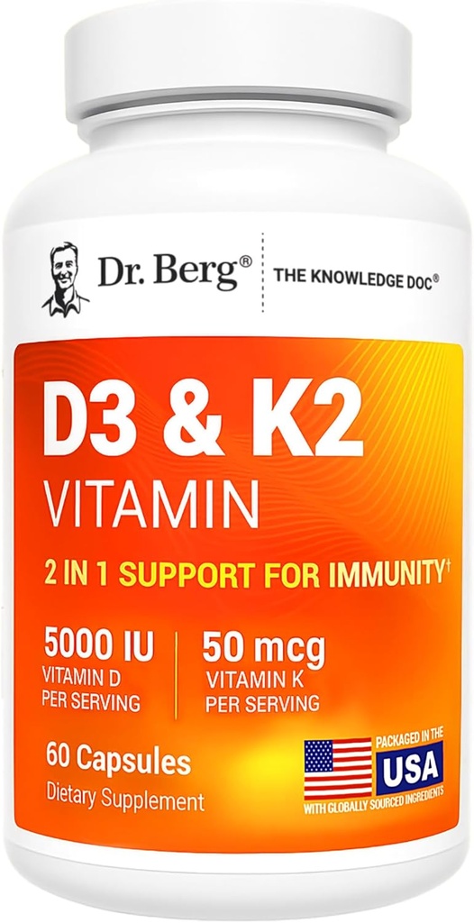 Dr. Berg En Güçlü 2in-1 Vitamin D3 K2 5000 IU | Doğal Türlü D3 | 4X Lab-Tested & TYS Doğrulanmış | Yüksek Aborpsiyon Formula | K2 D3 Vitamin Tamam - 60 Capsules