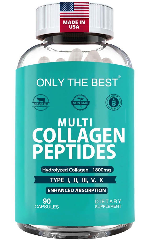 Premium Multi Collagen Peptides Κάψουλες 1800mg - Τύποι I, II, III, V, X για την υποστήριξη του δέρματος, των μαλλιών, των νυχιών - Βοηθά τα οστά, αρθρώσεις, μύες, & Digestive υγεία* Hydrolyzed Collagen Συμπλήρωμα 90 κάψουλες