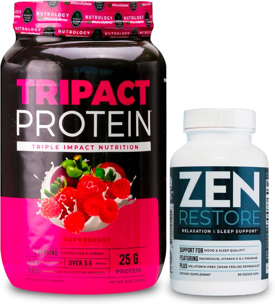 Nutrology TRIPACT protein Toz, 7-in-1 Mealchange Shake, Superberry (40 hizmet) Zen Natural Magnezyum Supplement (30 hizmet)