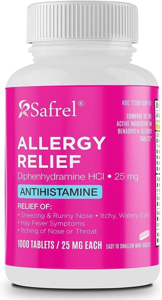 Safrel Alerji Yardım İlaçları Diphenhydramine HCl Caplets 25 mg (1000 Kont), Antihistamin Relieves Sneezing, Runny Nose, Hay Ateş, Itchy Gözler ve Throat, Mevsimlik Kapalı & Açık Alerji Pills