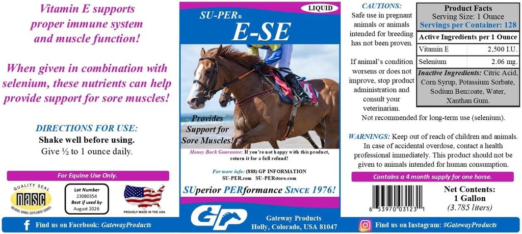 SU-PER E-Se Horses Antioksi Supplement - Sore Kass Desteği için E & Selenium - 1 Gallon, 4 Ay Supply (120 Gün)