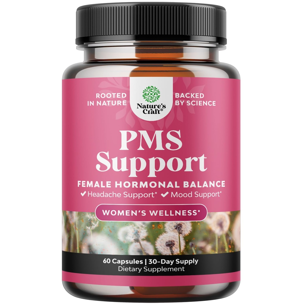 PMS Support Supplement for Women – Hormon Balance for Women & Menstrual Discomfort with DIM, Chasteberry, Black Cohosh & Ashwagandha - For Term Cramps Ease, Menopause Bloating, Mood Swing - 60 Ct