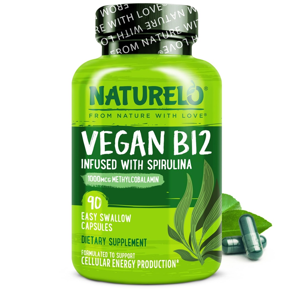 NATLO Vegan B12 - Organik Spirulina ile Metrik B12 - Yüksek Potency Vitamin B12 1000 mcg Torchcobalamin - Sağlıklı Mood, Enerji, Kalp ve Göz Sağlığı - 90 Capsules