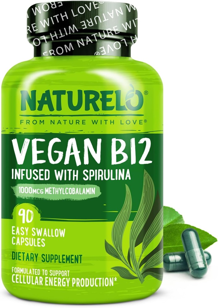 NATLO Vegan B12 - Organik Spirulina ile Metrik B12 - Yüksek Potency Vitamin B12 1000 mcg Torchcobalamin - Sağlıklı Mood, Enerji, Kalp ve Göz Sağlığı - 90 Capsules