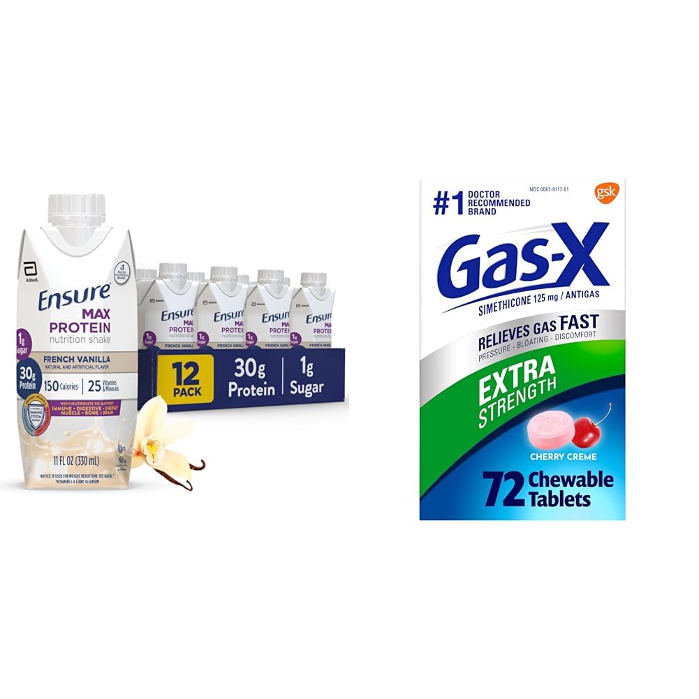 Ensure Max Protein Nutrition Shake with 30g Protein & Gas-X Extra Strength Chewable Gas Relief Tablets with Simethicone 125 mg, 72 Count