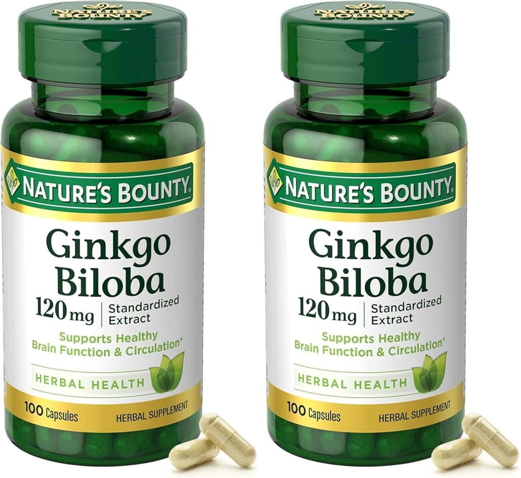 Nature's Bounty Ginkgo Biloba Standartized Extract 120 mg, Herbal Şişes, Capsule, 100 Kont, 2 Paket